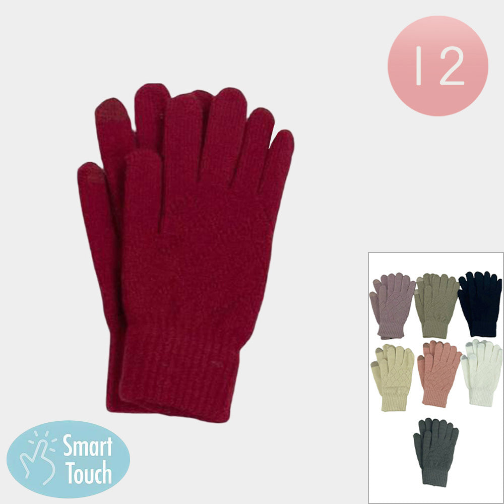 12Pairs - Solid Knit Touch Smart Winter Gloves