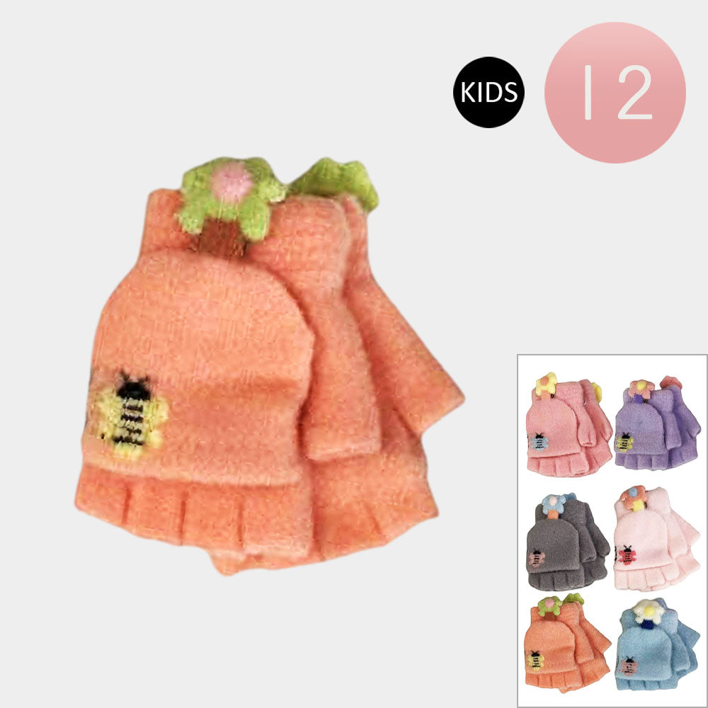 12Pairs - Kids Flower Honey Bee Fingerless Flip Top Knit Winter Gloves