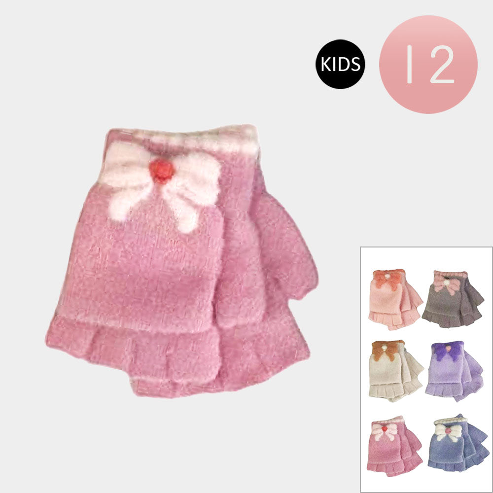 12Pairs - Kids Bow Fingerless Flip Top  Knit Winter Gloves