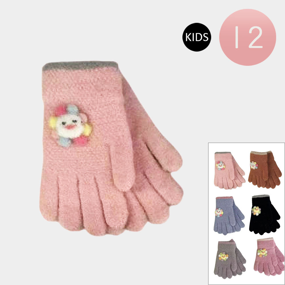 12Pairs - Kids Flower Patch Knit Winter Gloves