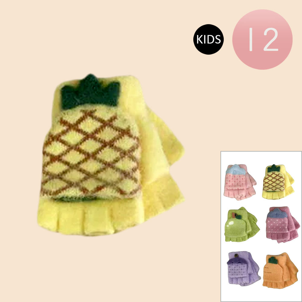 12Pairs - Kids Fruit Fingerless Flip Top Knit Winter Gloves