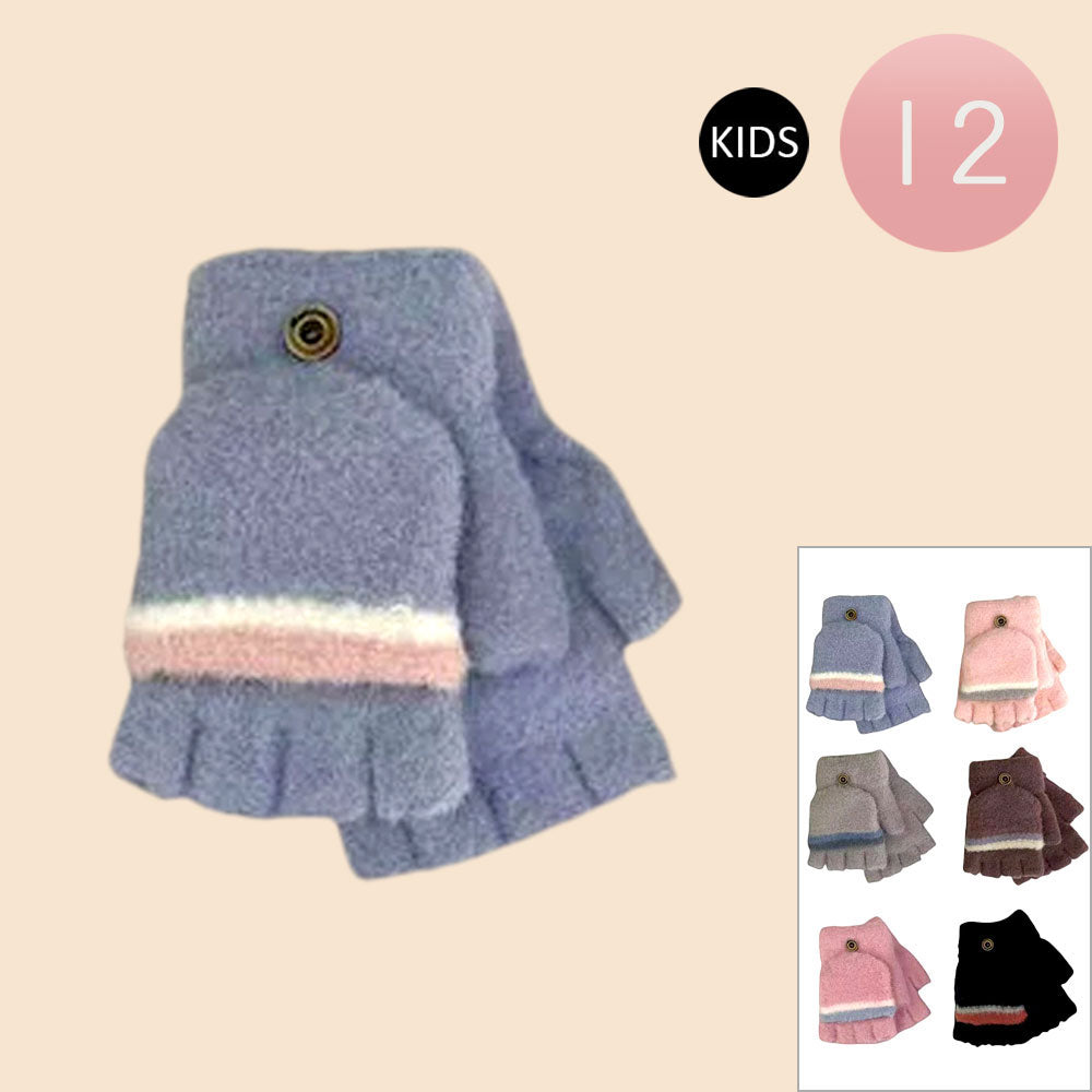 12Pairs - Kids Stripe Fingerless Flip Top Knit Winter Gloves