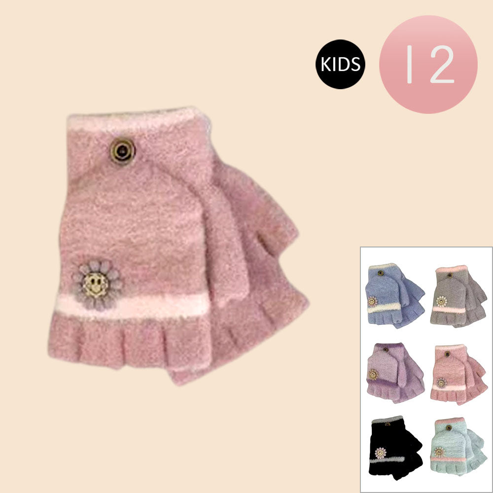 12Pairs - Kids Flower Patch Point Fingerless Flip Top Knit Winter Gloves