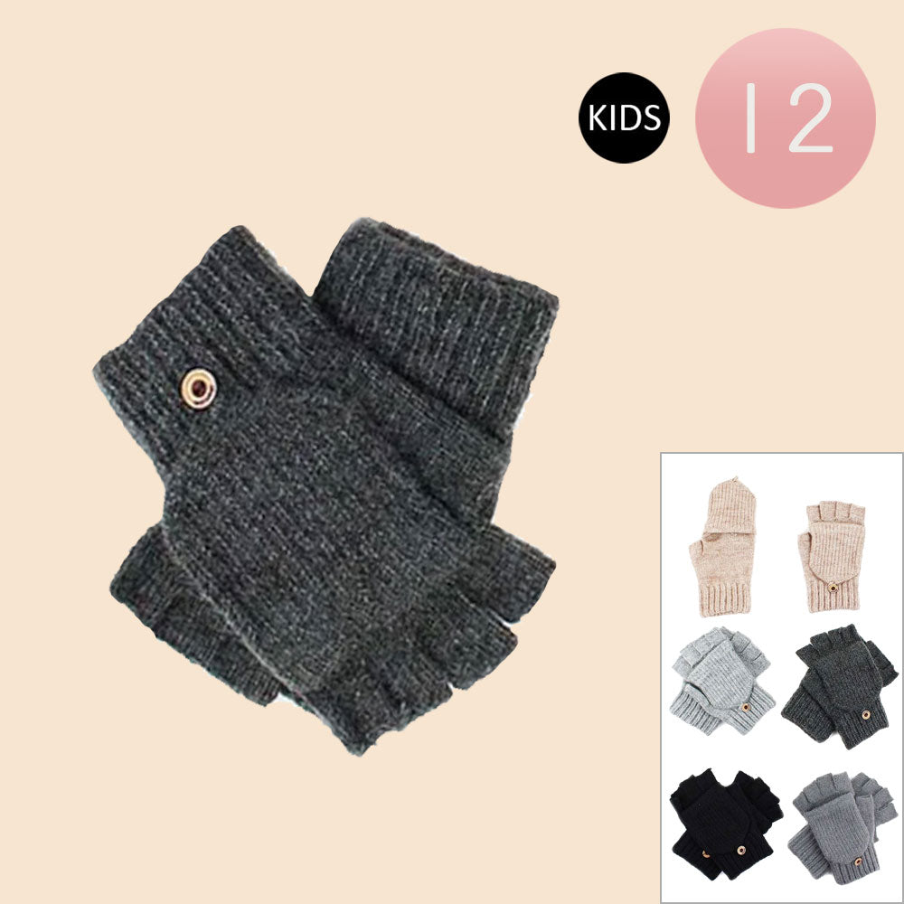 12Pairs - Kids Ribbed Fingerless Flip Top Knit Winter Gloves