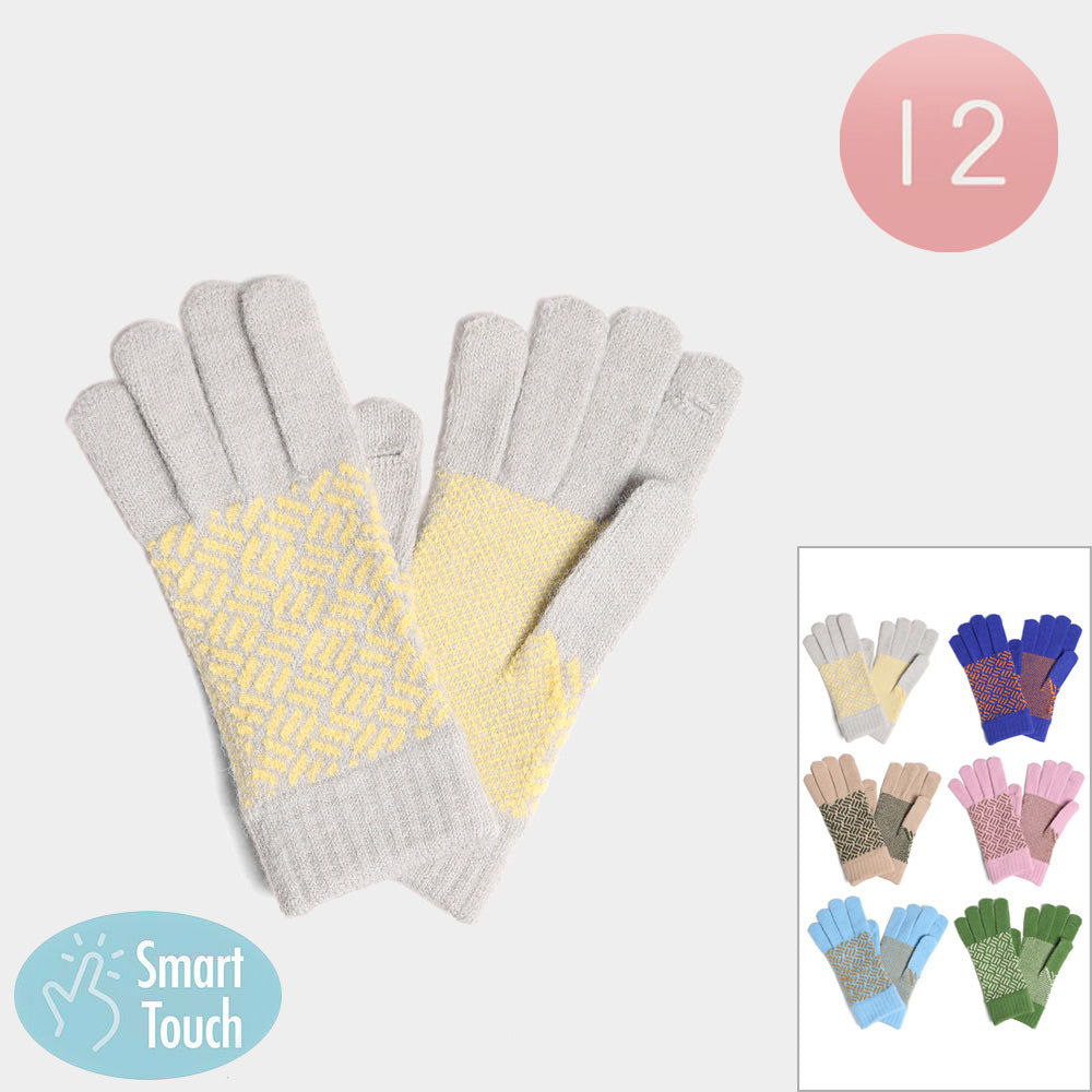 12Pairs - Patterned Knit Touch Smart Winter Gloves