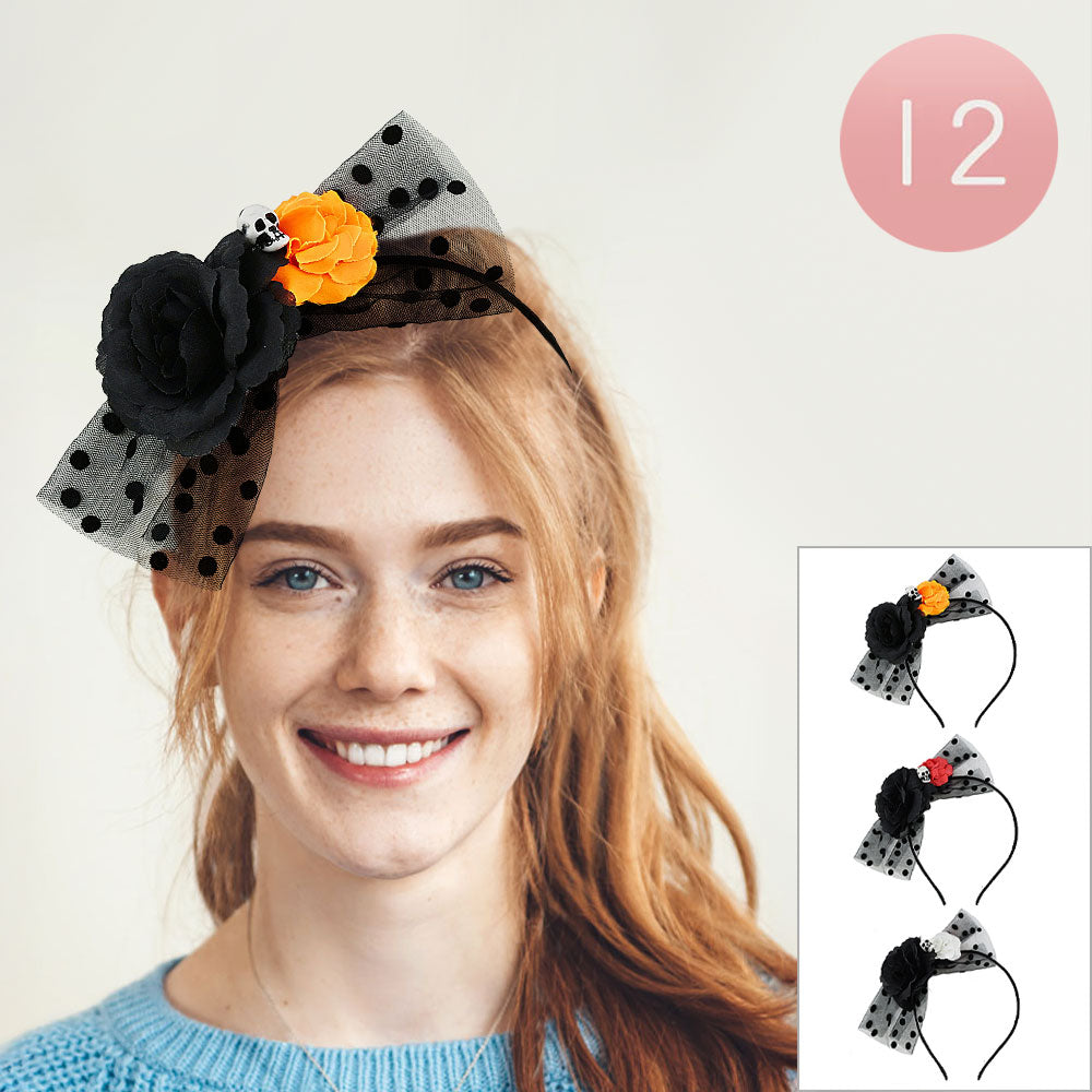 12PCS - Halloween Skull Flower Bow Headbands