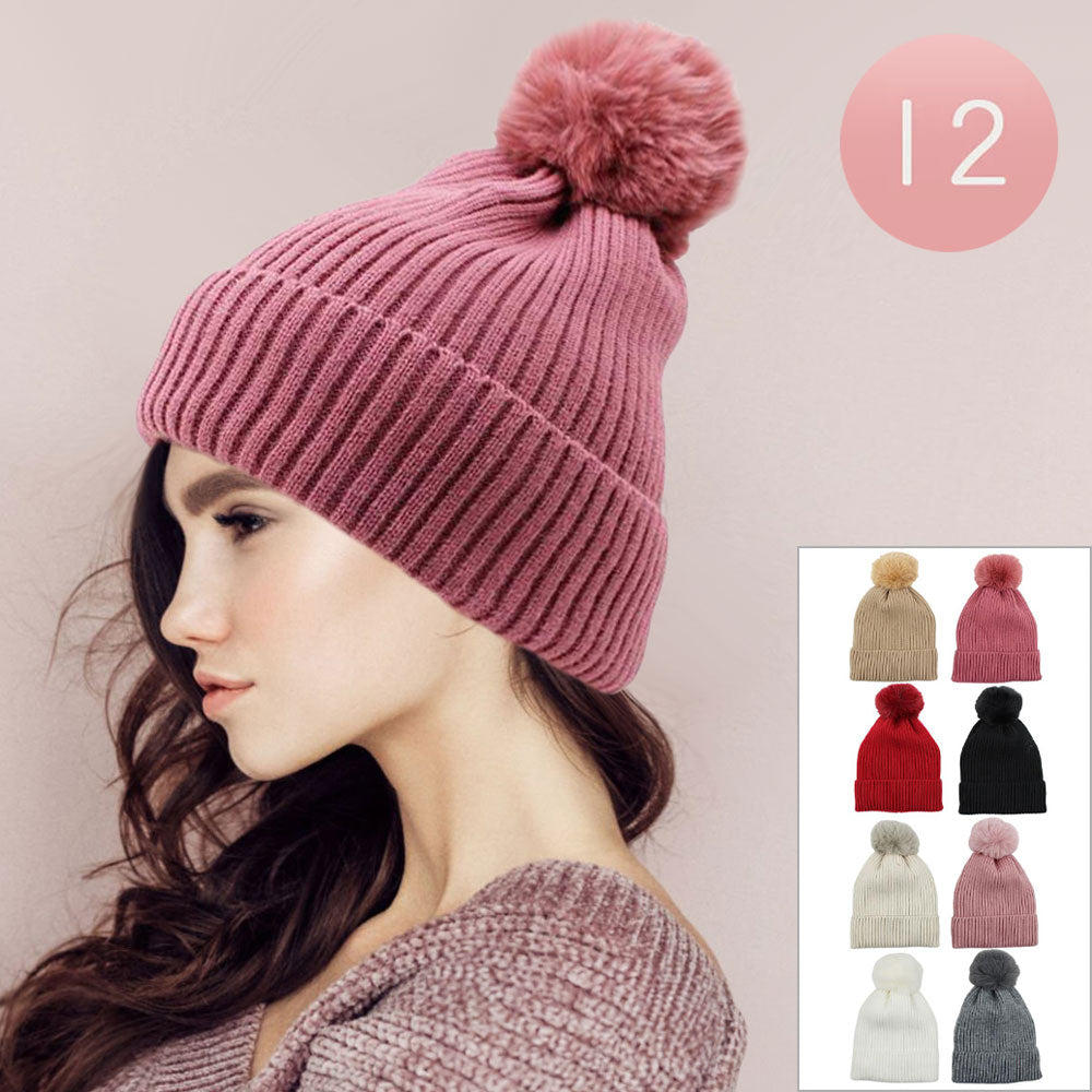 12PCS - Pom Pom Classic Ribbed Knit Winter Beanie Hats