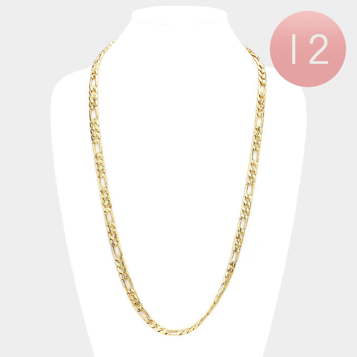 12 PCS - Gold Plated Concave Textured Figaro Chain Necklaces