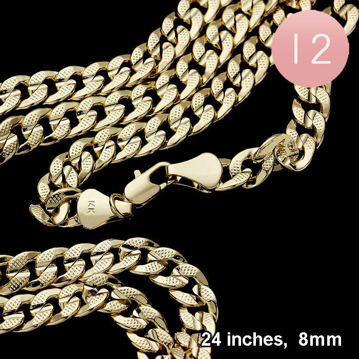 12PCS - 24 INCH, 8mm Gold Plated Concave Textured Cuban Chain Necklaces