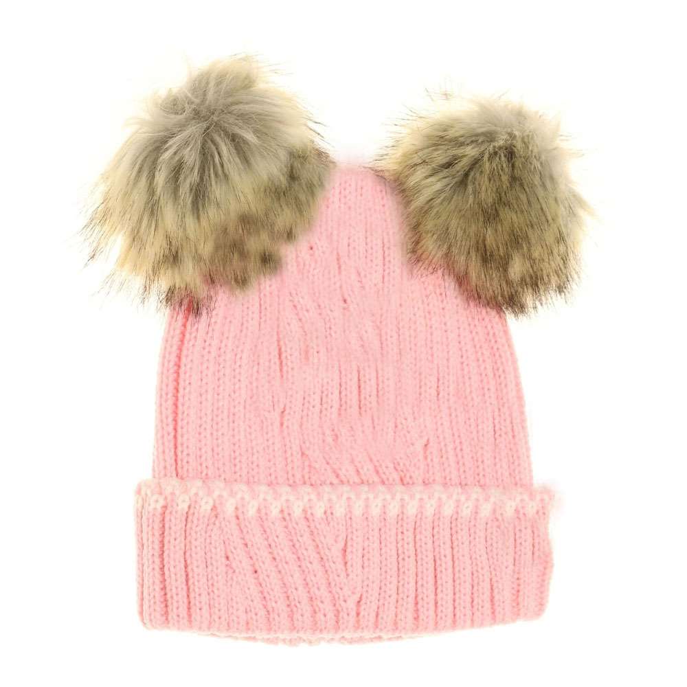 BABY Solid Knit Double Fur Pom C.C Beanie