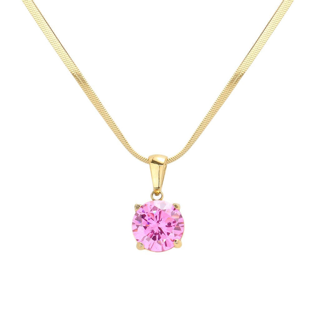 18K Gold Dipped Stainless Steel CZ Round Pendant Necklace