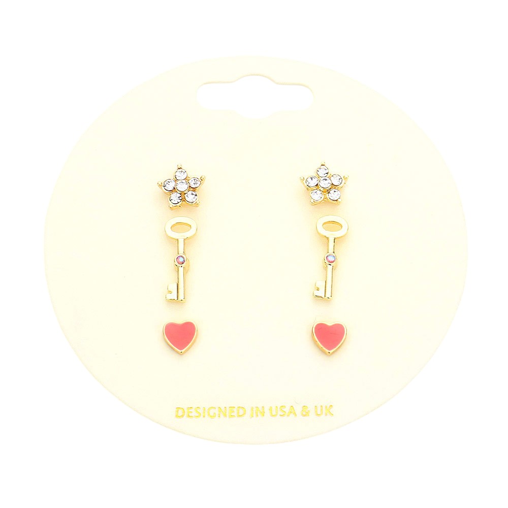 3Pairs - Stone Embellished Star Key Enamel Heart Stud Earrings