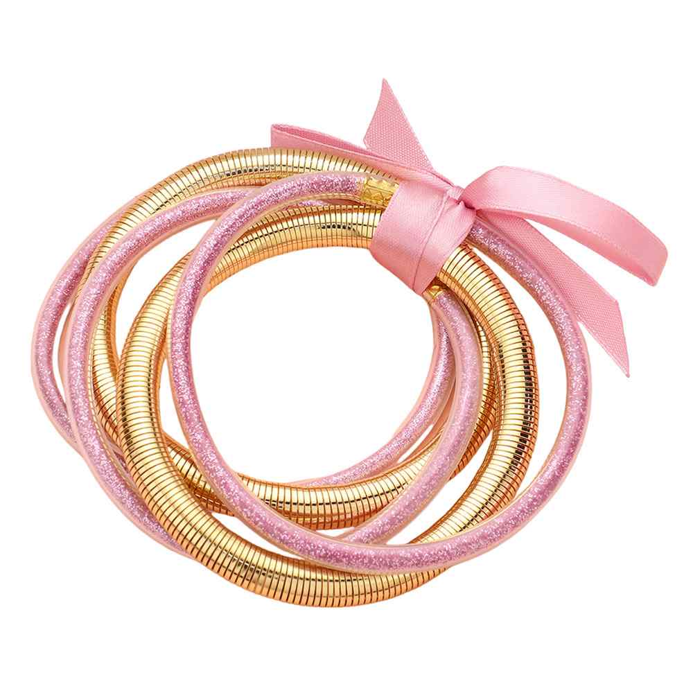 5PCS Glitter Jelly Tube Metal Elastic Layered Bracelets