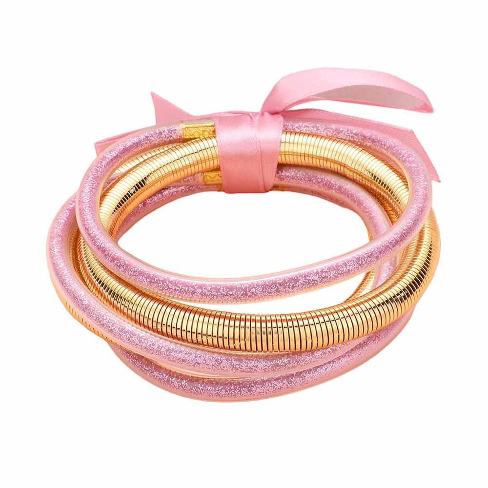 5PCS Glitter Jelly Tube Metal Elastic Layered Bracelets