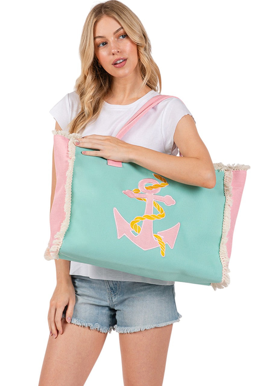 Anchor Embroidered Design Patch Summer Tote Bag