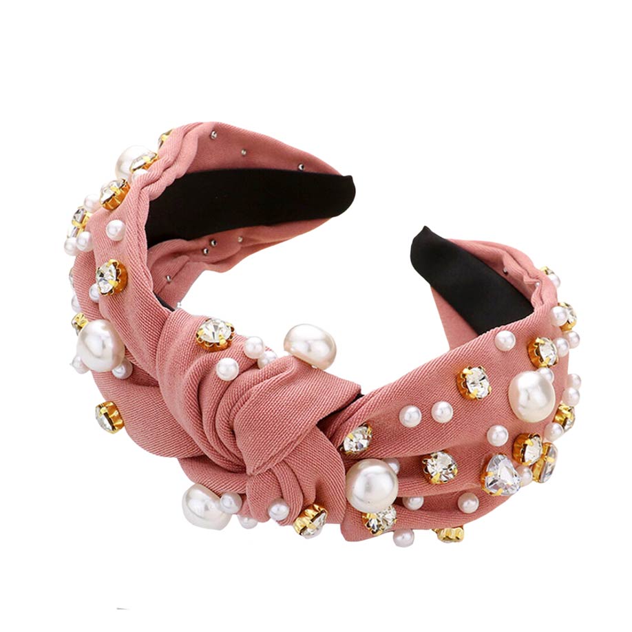 Pearl Round Stone Embellished Knot Burnout Headband