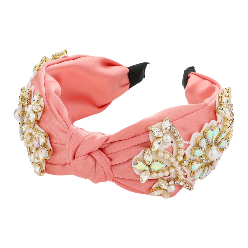 Pearl Stone Embellished Flower Burnout Knot Headband