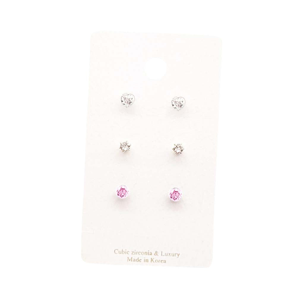 3Pairs - CZ Heart Round Stud Earrings