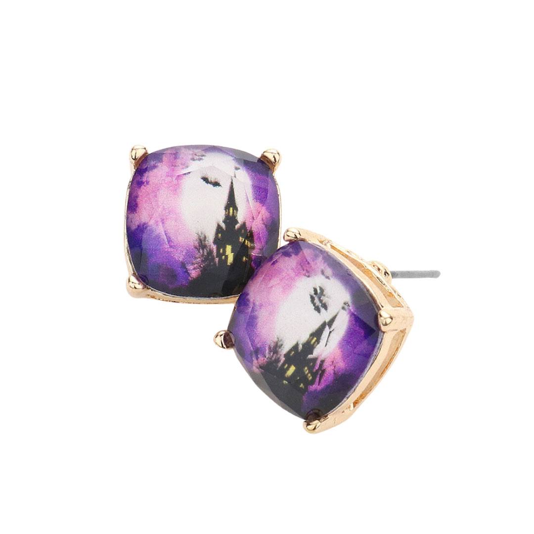Bat Castle Cushion Square Stud Earrings