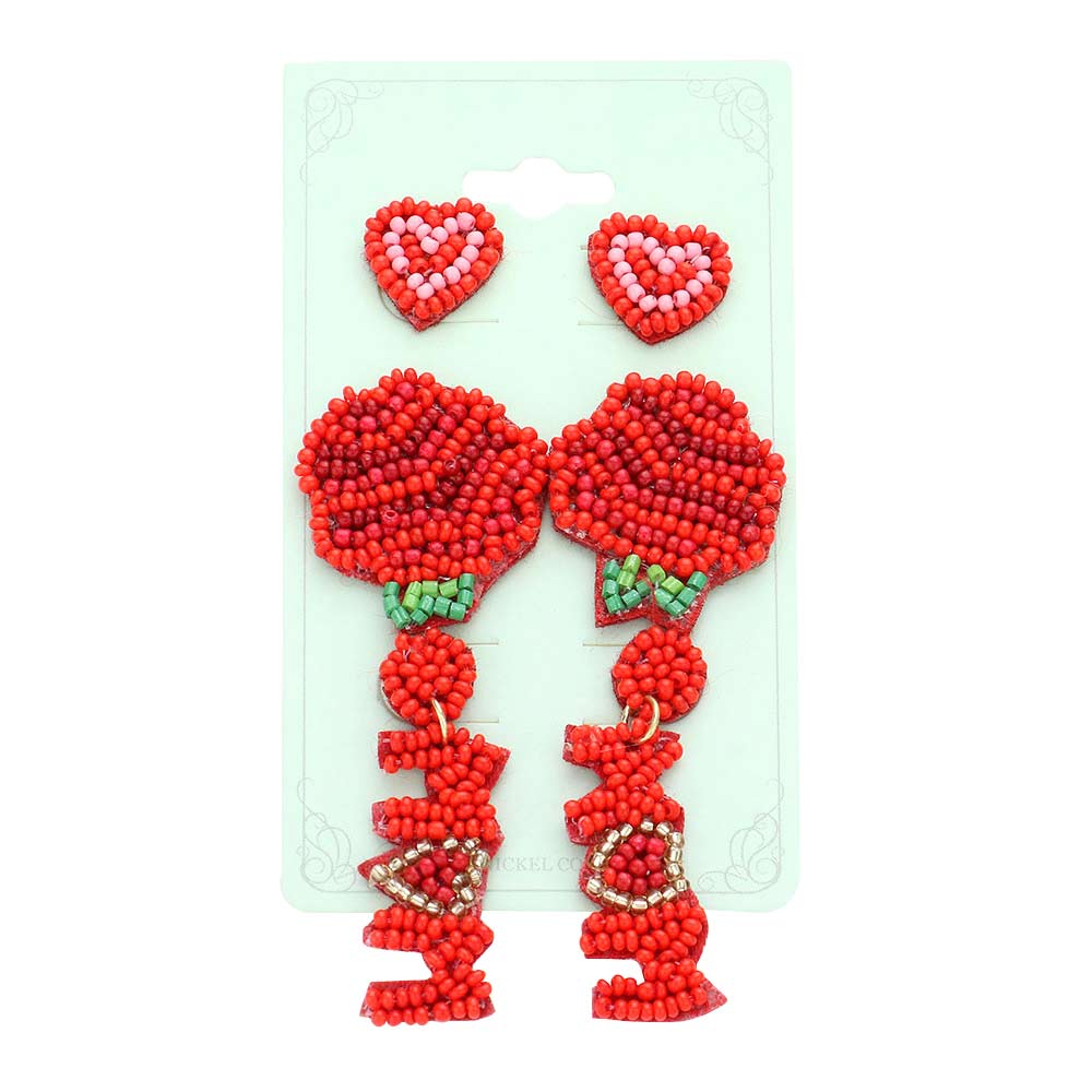 2Pairs Felt Back Seed Beaded Heart Flower MOM Message Earrings
