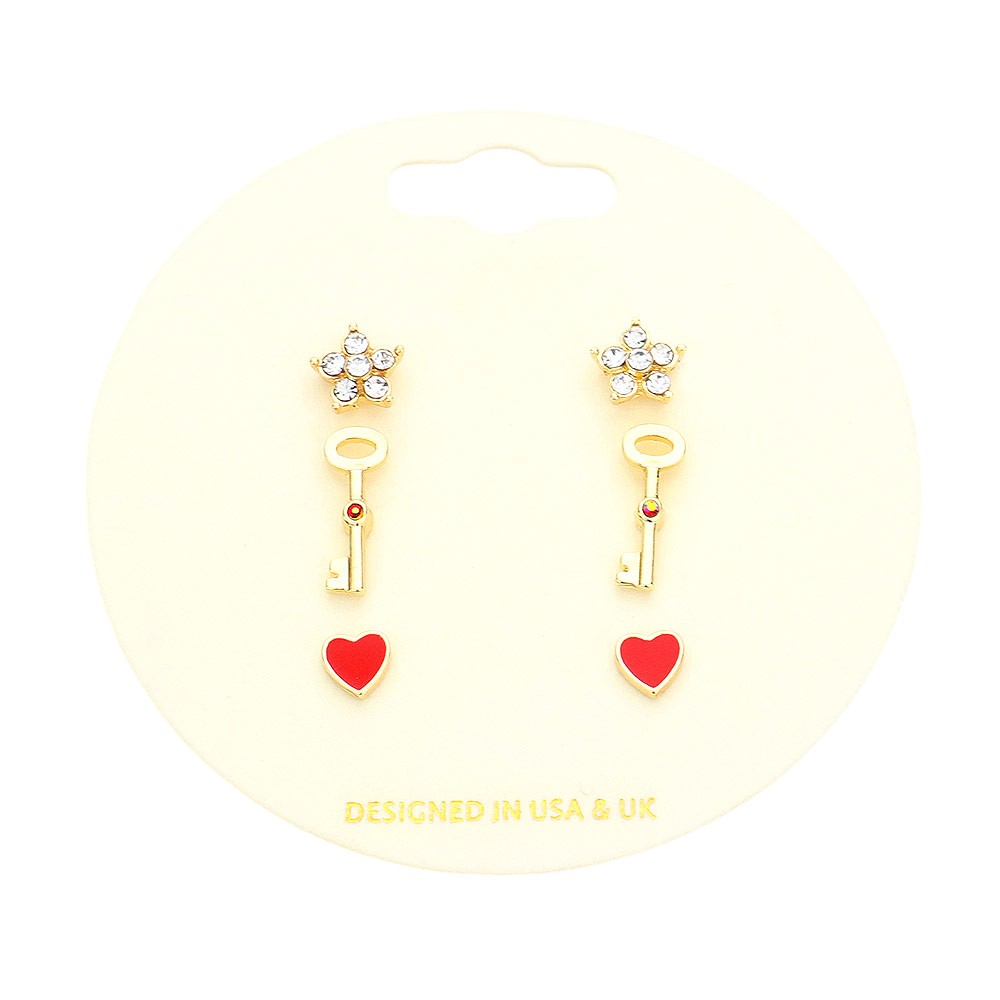 3Pairs - Stone Embellished Star Key Enamel Heart Stud Earrings