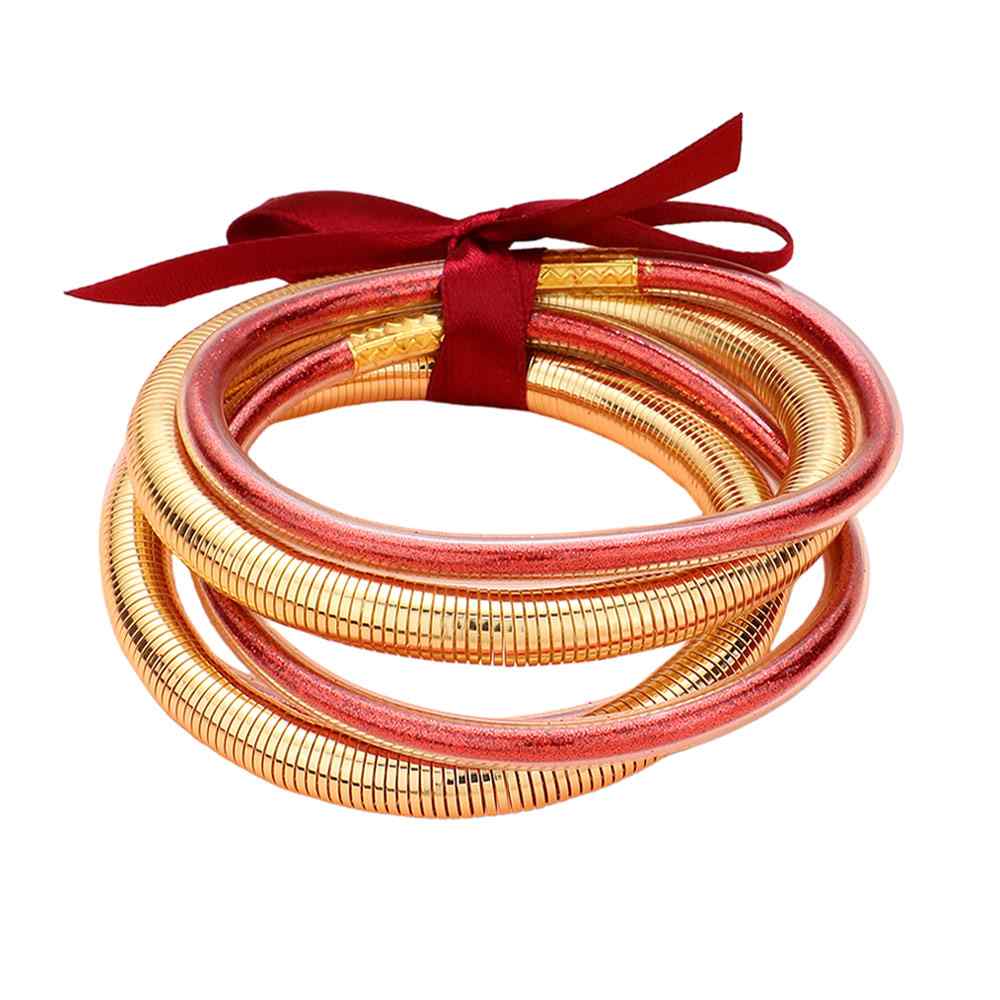 5PCS Glitter Jelly Tube Metal Elastic Layered Bracelets