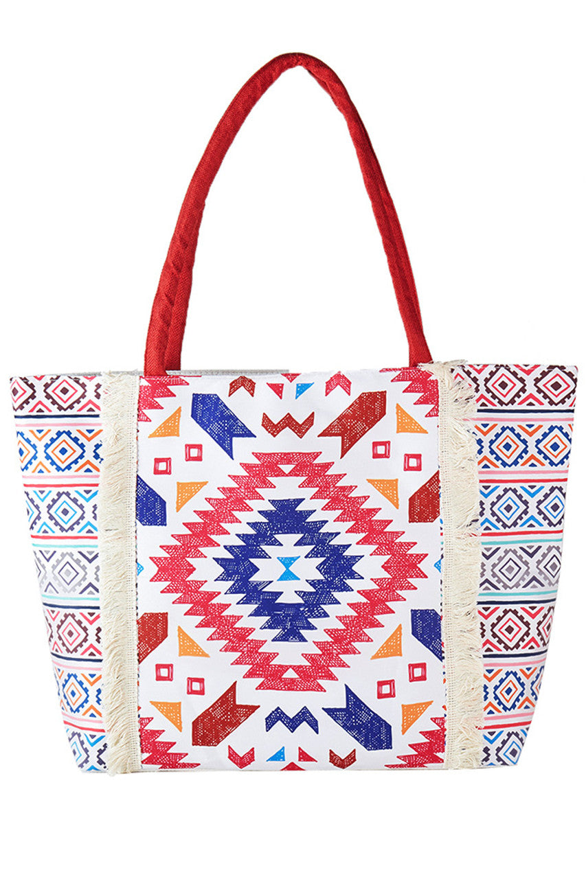 Boho Pattern Print Fringe Summer Tote Bag