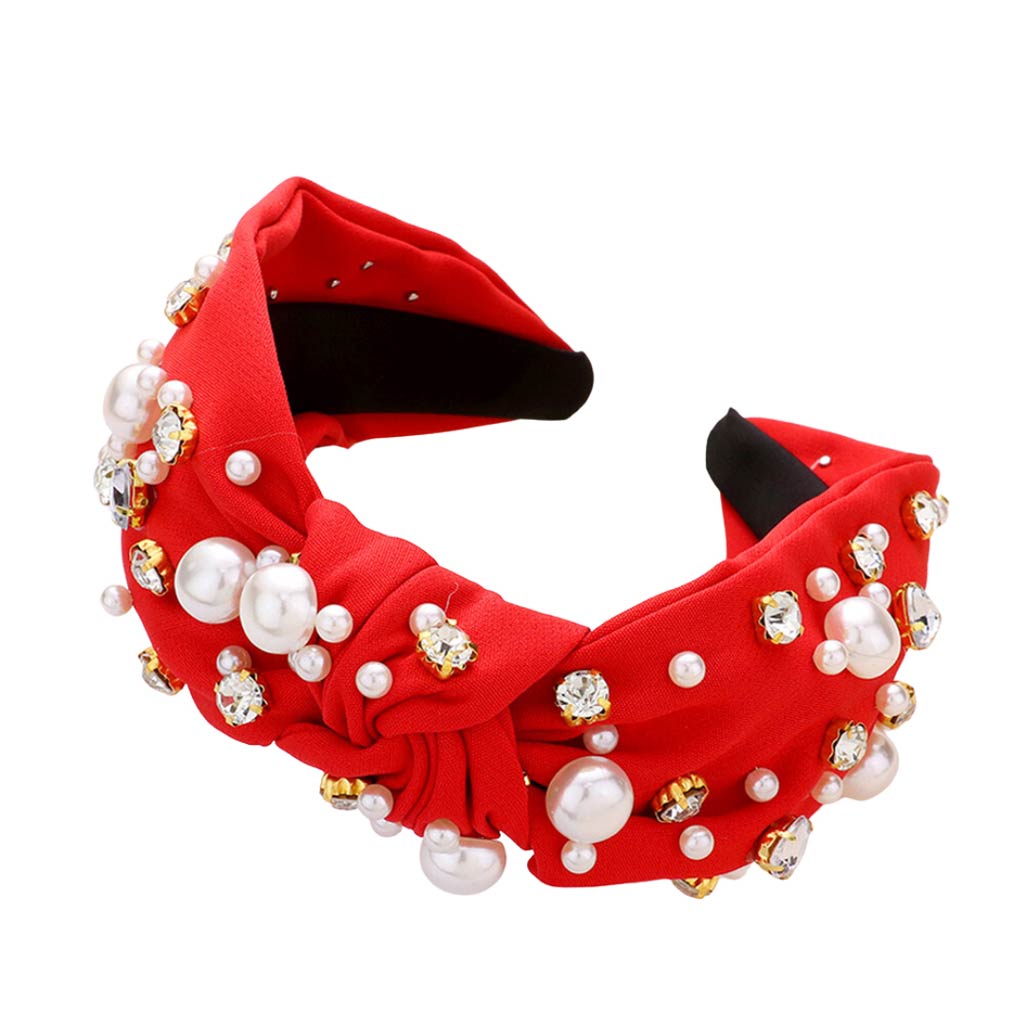 Pearl Round Stone Embellished Knot Burnout Headband