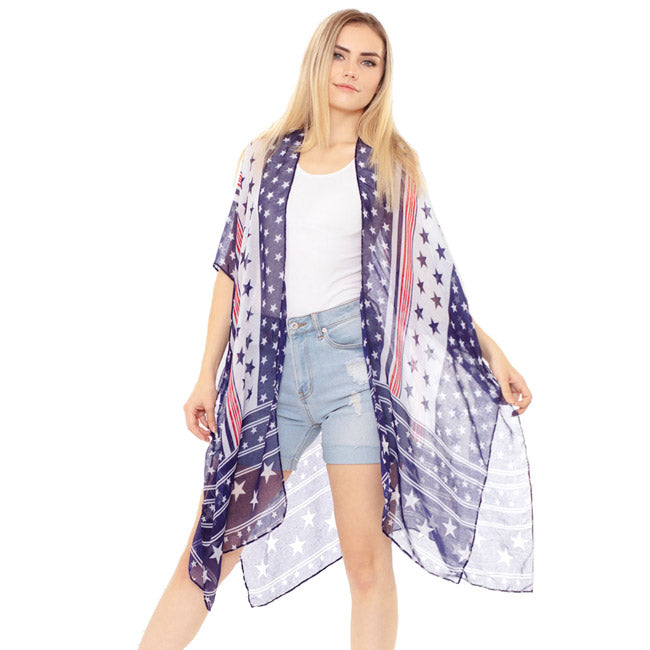 American USA Flag Kimono Poncho Cover Up Beachwear