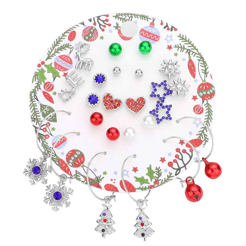 12 Pairs Christmas Tree, Snowflake, Heart, and Star Pearl Earrings Set