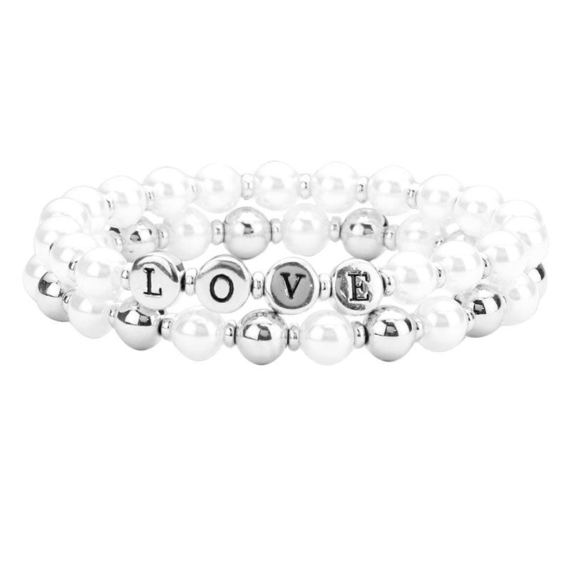 2PCS LOVE Pearl Metal Ball Stretch Message Bracelets