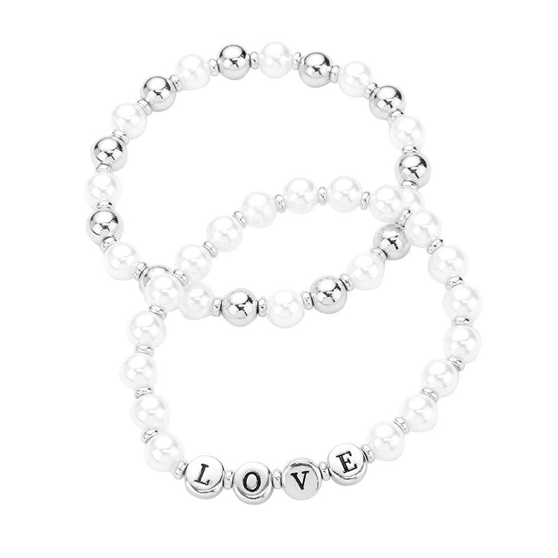 2PCS LOVE Pearl Metal Ball Stretch Message Bracelets