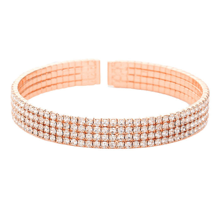 Brass Metal Four Rows Rhinestone Cuff Bracelet