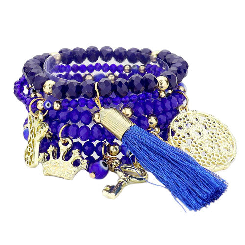 Angel Crown Evil Eye Key Tassel Charm Faceted Bead Bracelet