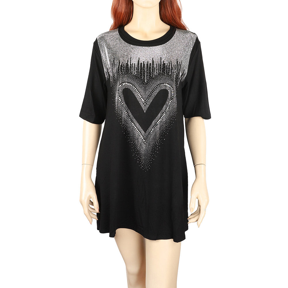Bling Studded Heart Printed Half Sleeves Top