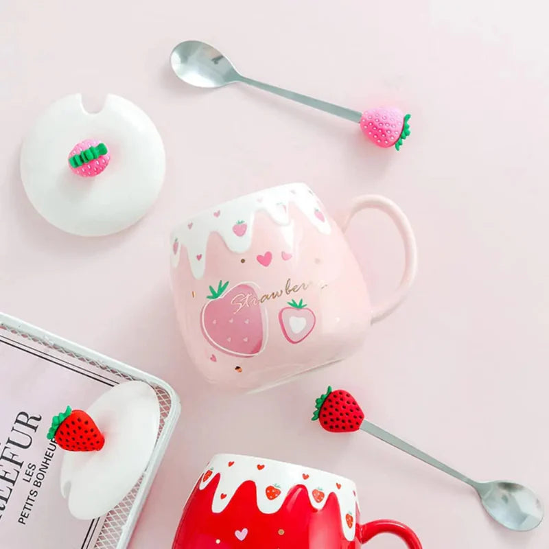 Pink Strawberry Mug With Lid & Spoon