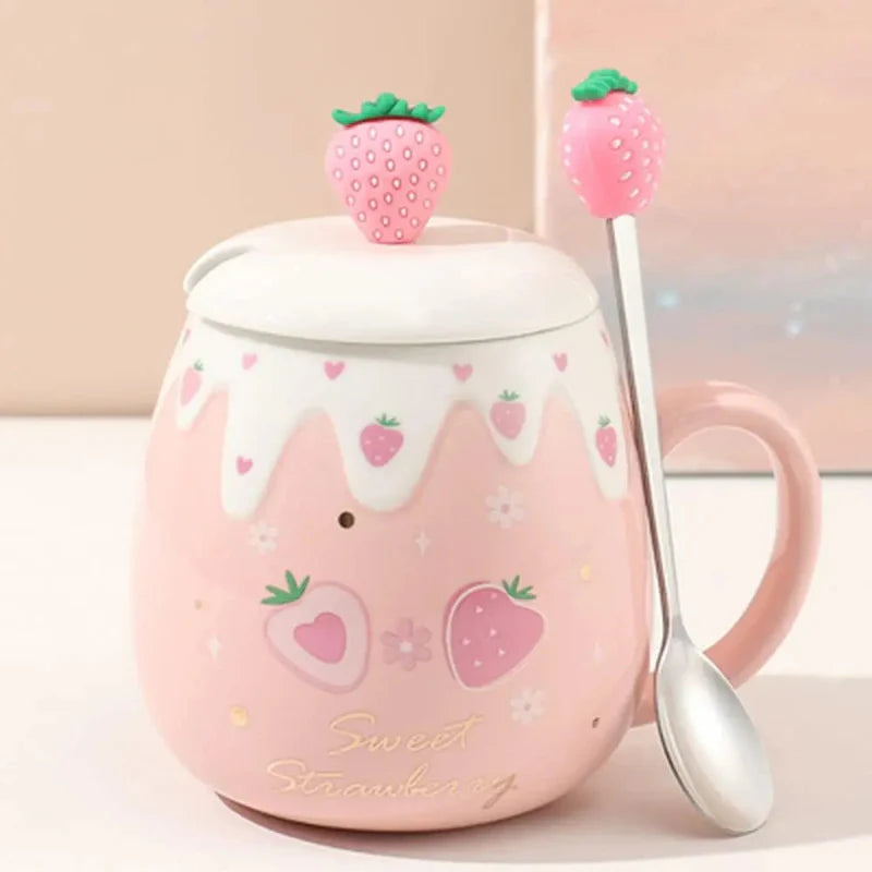 Pink Strawberry Mug With Lid & Spoon