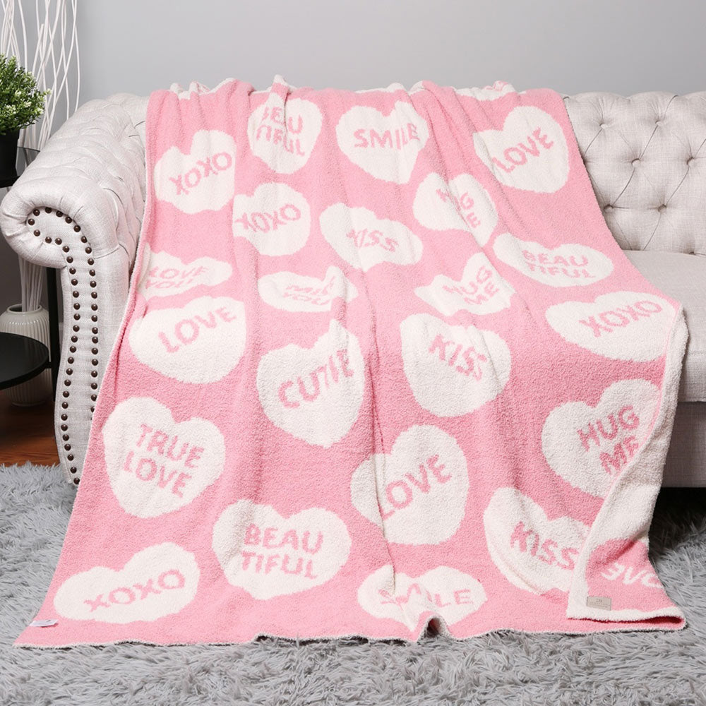 Message Written Heart Patterned Reversible Throw Blanket