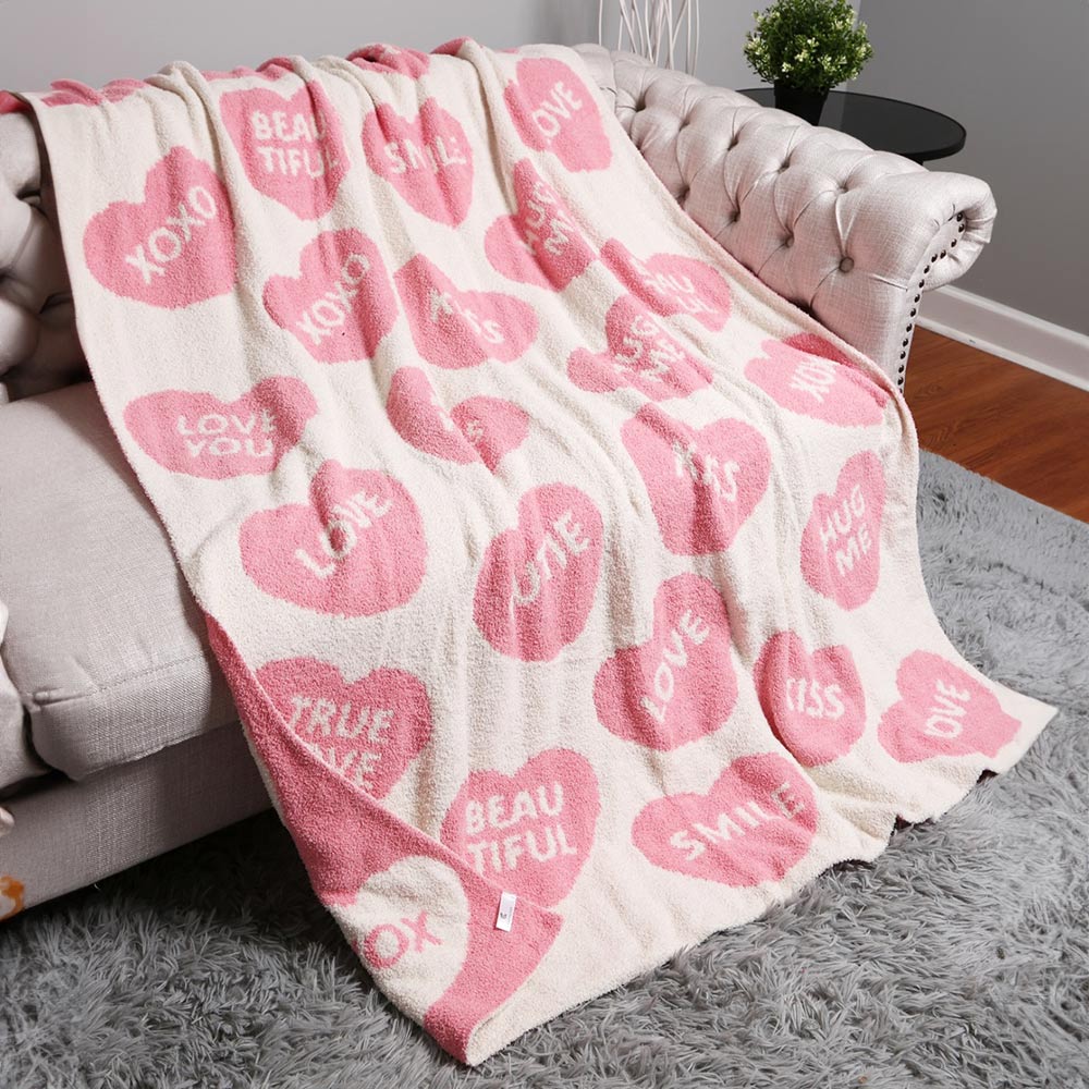 Message Written Heart Patterned Reversible Throw Blanket