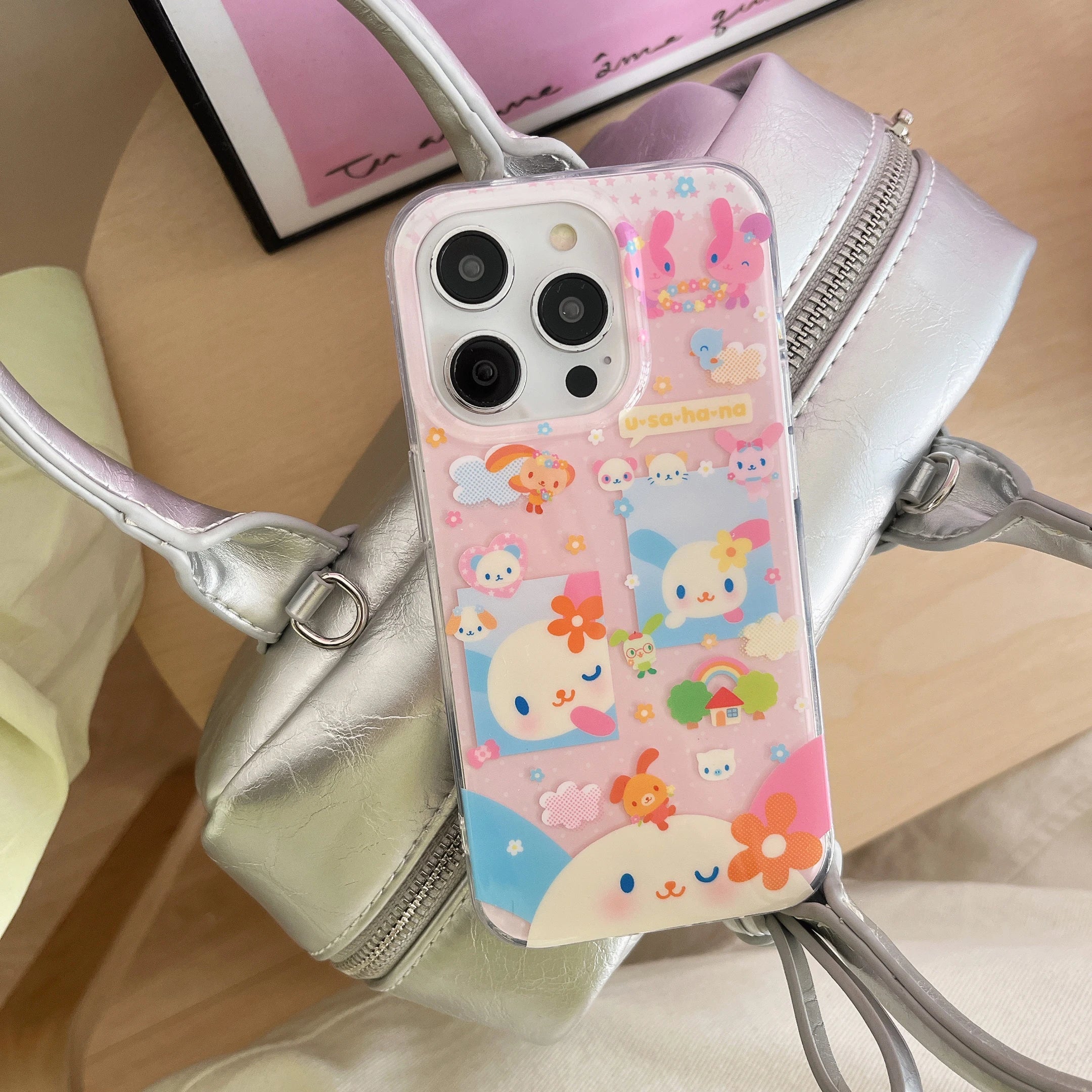 Cute pink rabbit colored cloud flower phone case