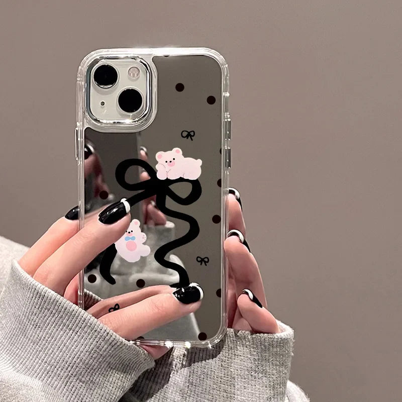 Cute Bow Luxury Plating Make Up Mirror Cover Phone Case