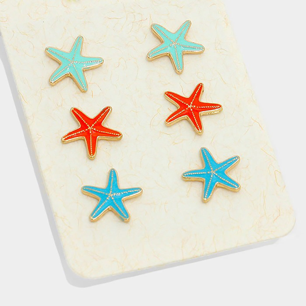 3Pairs - Enamel Starfish Stud Earrings