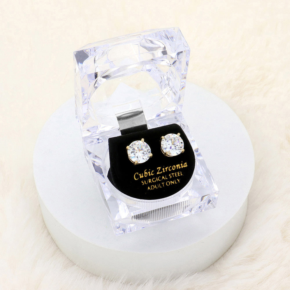 10mm Round Crystal Cubic Zirconia Stud Earrings in Clear Gift Box - Ready to Gift