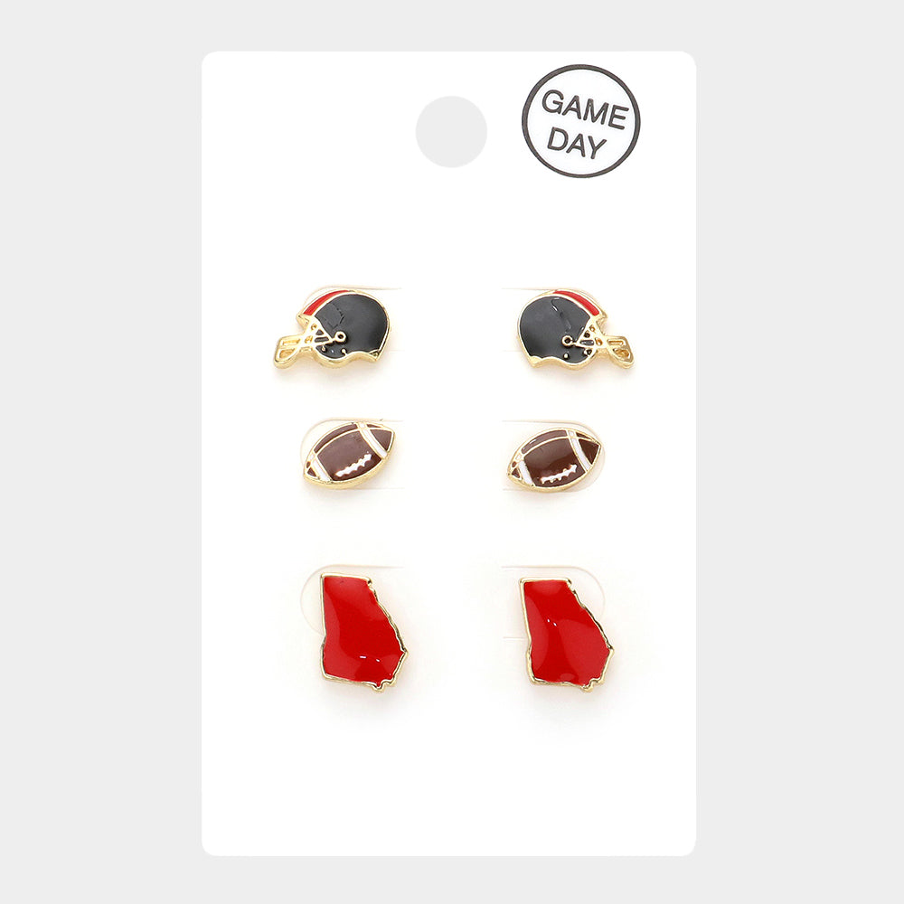 3Pairs - Game Day University of Georgia Helmet Football State Map Stud Earrings