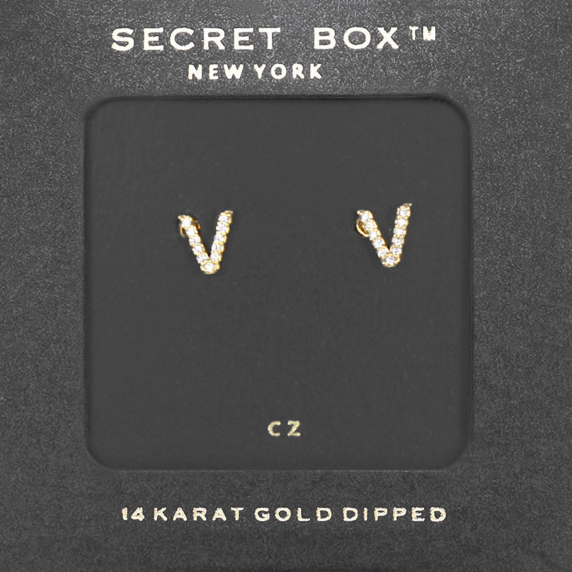 -V- Secret Box 14K Gold Dipped Cubic Zirconia Initial Monogram Stud Earrings