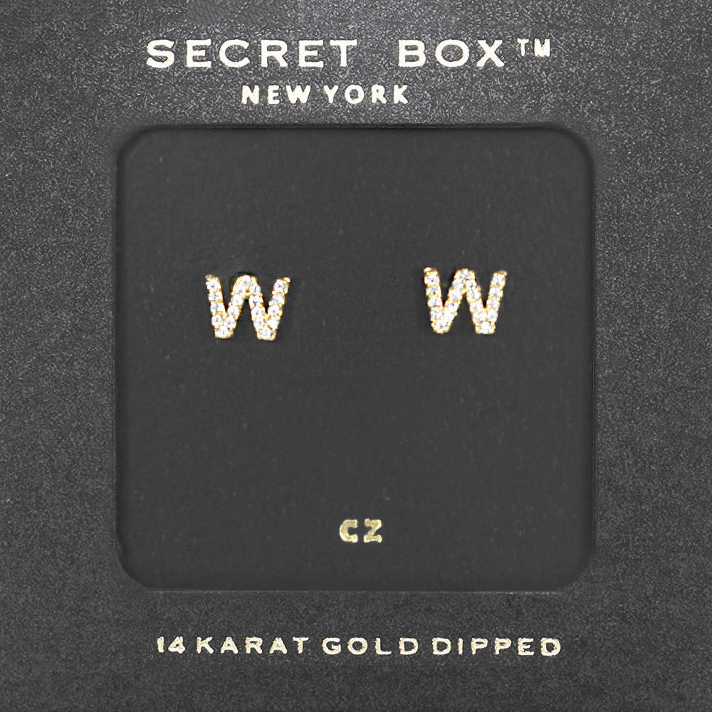 -W- Secret Box 14K Gold Dipped Cubic Zirconia Initial Monogram Stud Earrings