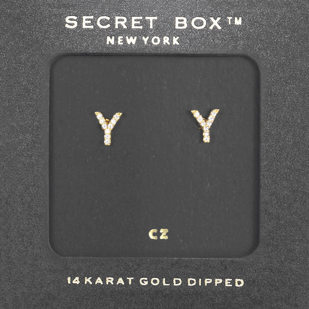 -Y- Secret Box 14K Gold Dipped Cubic Zirconia Initial Monogram Stud Earrings