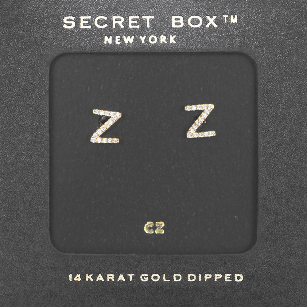 -Z- Secret Box 14K Gold Dipped Cubic Zirconia Initial Monogram Stud Earrings