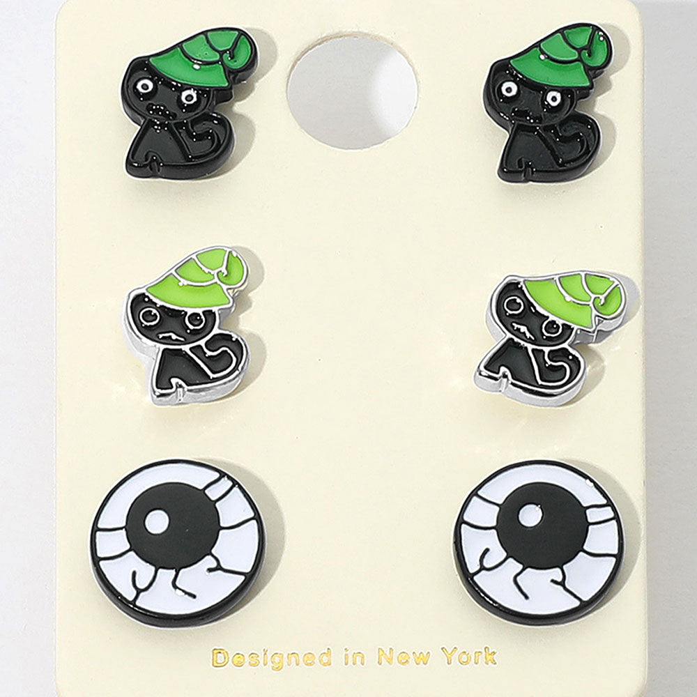 3Pairs - Halloween Black Cat Eyeball Stud Earring Set