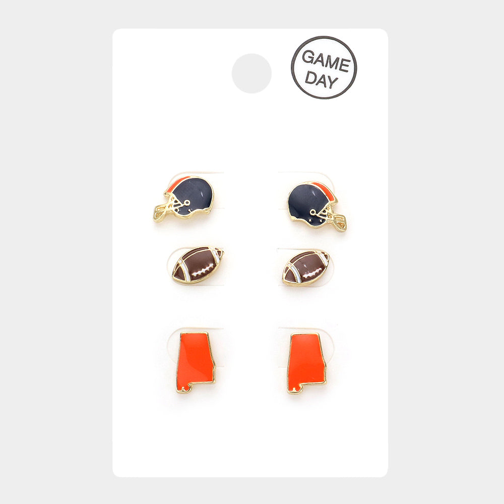 3Pairs - Game Day Auburn University Helmet Football State Map Stud Earrings